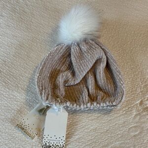 Lulu's Plush Pom Beanie Hat in Light Taupe with White Faux Fur Pom
